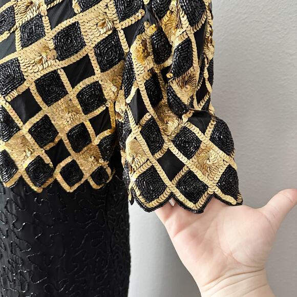 Laurence Kazar Gold Sequin Argyle Black Beaded Silk Evening Gown Women’s Size XL - Picture 4 of 15